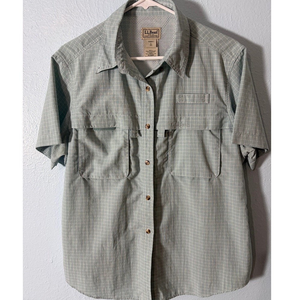 LL Bean Womens Large Sage Green Grid Vented Fishing Shirt Short Sleeve Gorpcore